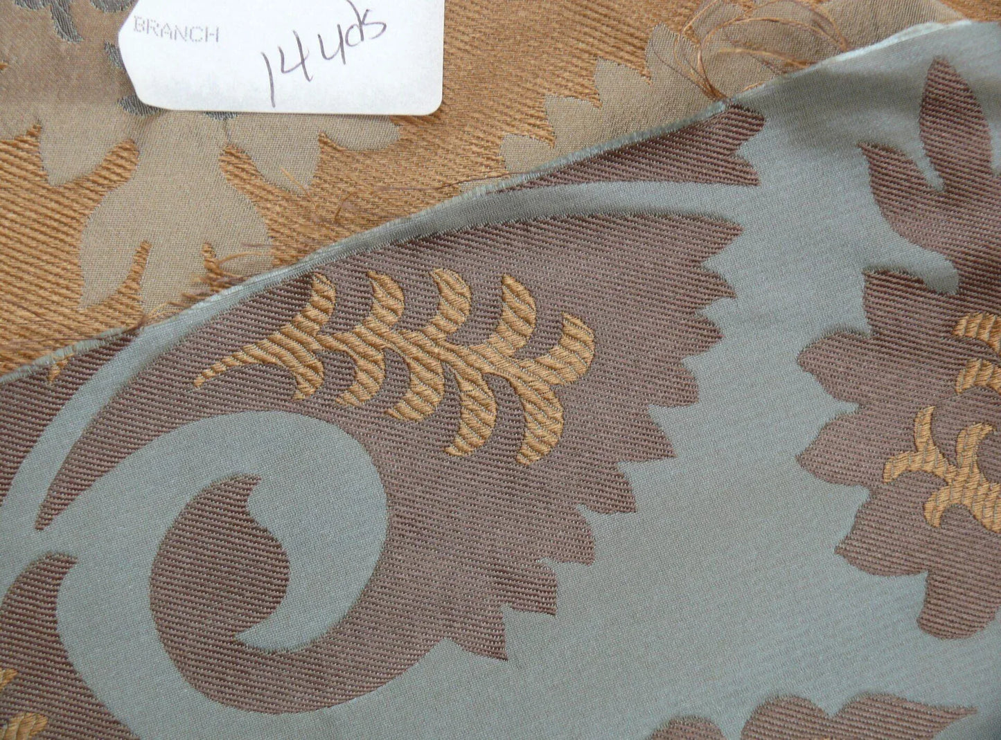 100%silk Lampas Tulip Fan Damask 536 "branch" Teal Blue Brown Gold Bty MSRP USD296/y!
