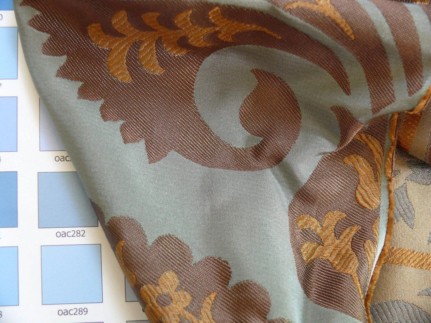 100%silk Lampas Tulip Fan Damask 536 "branch" Teal Blue Brown Gold Bty MSRP USD296/y!
