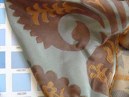 100%silk Lampas Tulip Fan Damask 536 "branch" Teal Blue Brown Gold Bty MSRP USD296/y!