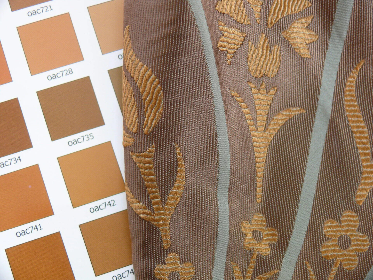 100%silk Lampas Tulip Fan Damask 536 "branch" Teal Blue Brown Gold Bty MSRP USD296/y!