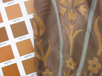 100%silk Lampas Tulip Fan Damask 536 "branch" Teal Blue Brown Gold Bty MSRP USD296/y!