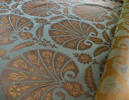 100%silk Lampas Tulip Fan Damask 536 "branch" Teal Blue Brown Gold Bty MSRP USD296/y!