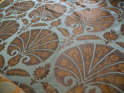 100%silk Lampas Tulip Fan Damask 536 "branch" Teal Blue Brown Gold Bty MSRP USD296/y!