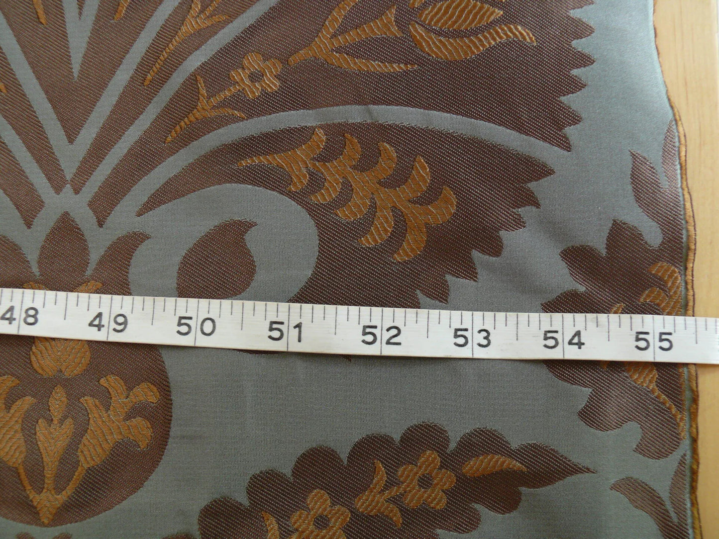 100%silk Lampas Tulip Fan Damask 536 "branch" Teal Blue Brown Gold Bty MSRP USD296/y!