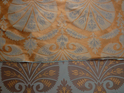 100%silk Lampas Tulip Fan Damask 536 "branch" Teal Blue Brown Gold Bty MSRP USD296/y!