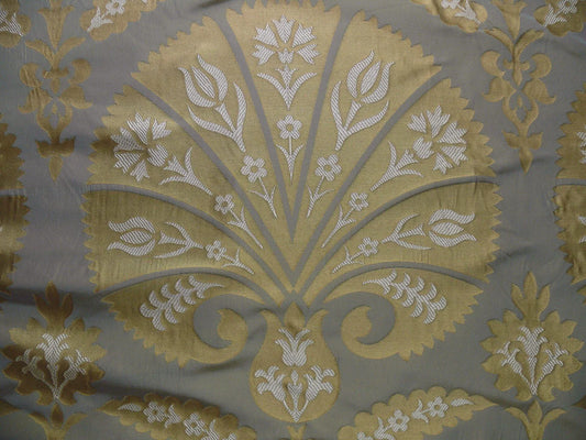 by yard 100%silk Lampas Tulip Fan Damask 536 "pool" Aqua Blue Cream Gold Bty MSRP USD296/y!