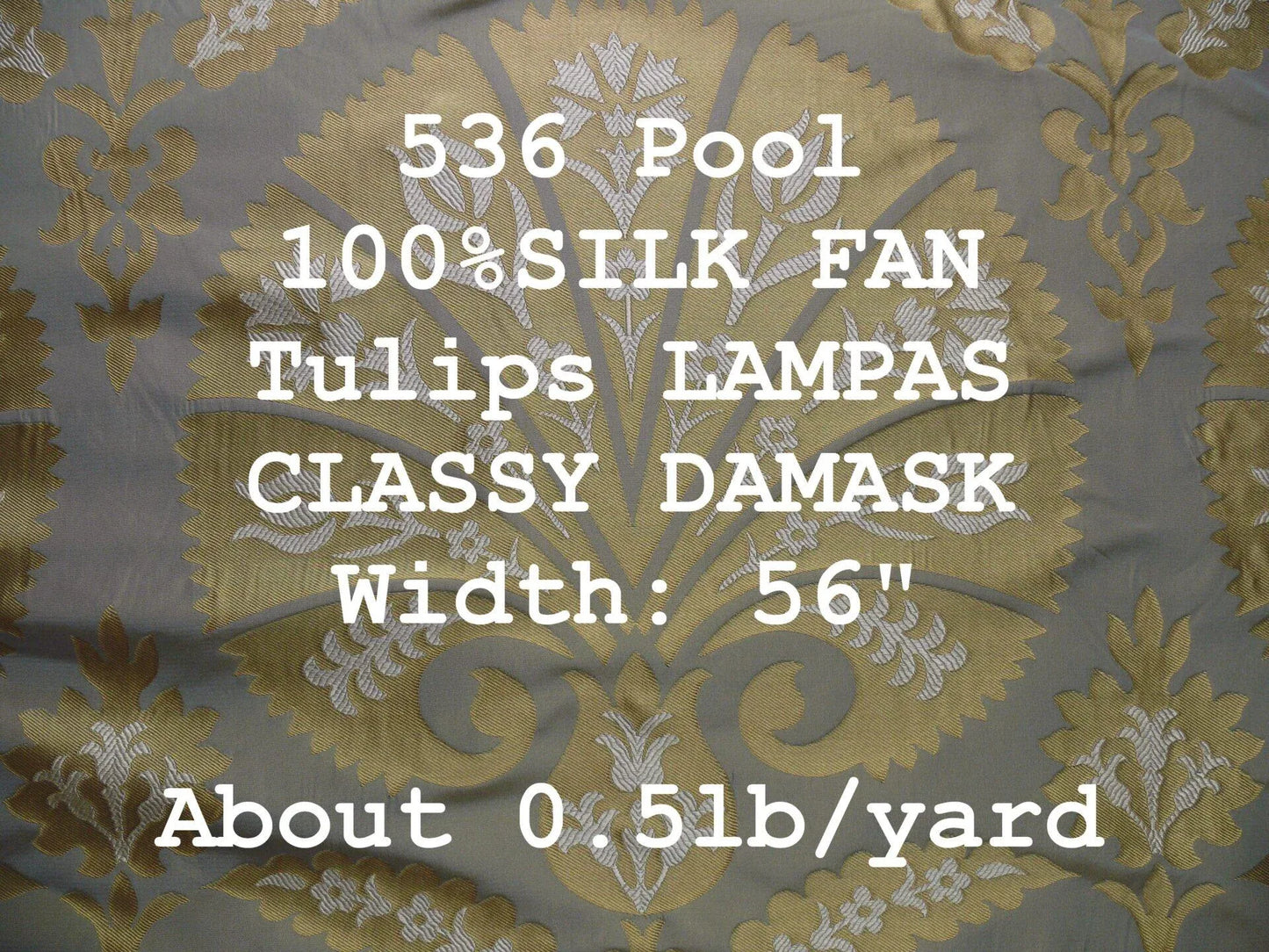 by yard 100%silk Lampas Tulip Fan Damask 536 "pool" Aqua Blue Cream Gold Bty MSRP USD296/y!