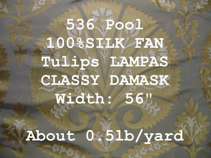 by yard 100%silk Lampas Tulip Fan Damask 536 "pool" Aqua Blue Cream Gold Bty MSRP USD296/y!