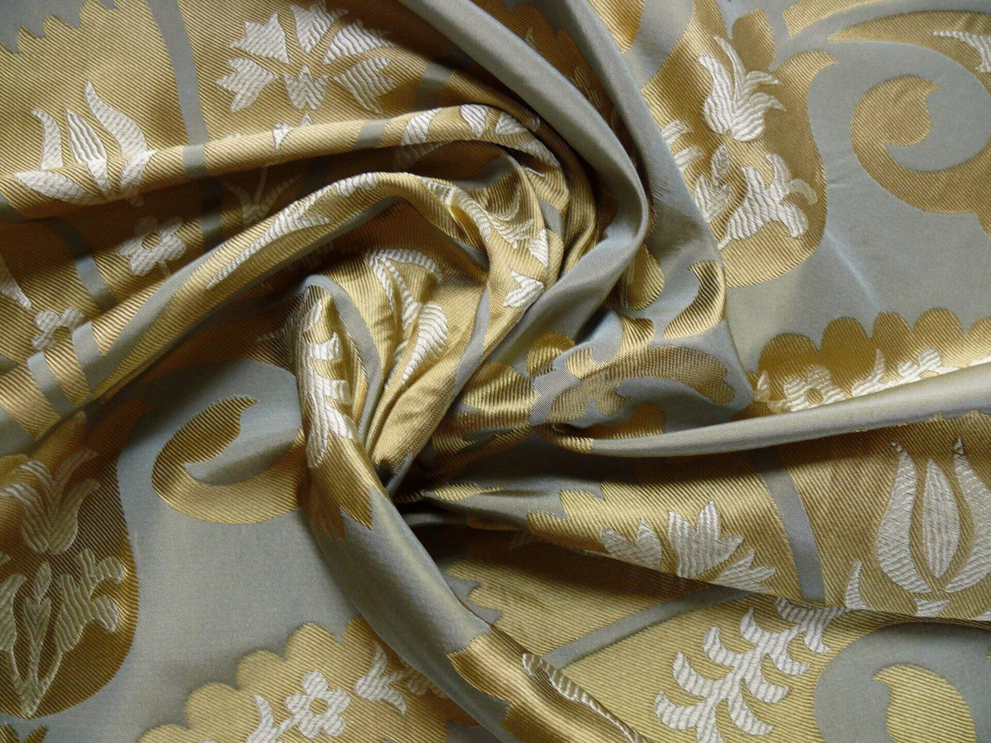 by yard 100%silk Lampas Tulip Fan Damask 536 "pool" Aqua Blue Cream Gold Bty MSRP USD296/y!