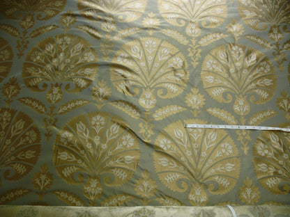 by yard 100%silk Lampas Tulip Fan Damask 536 "pool" Aqua Blue Cream Gold Bty MSRP USD296/y!