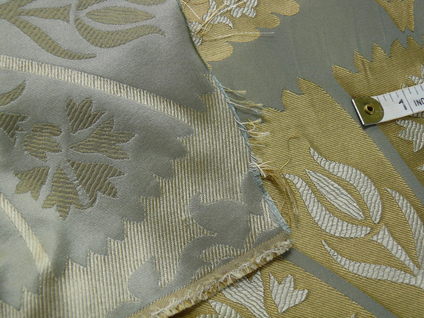by yard 100%silk Lampas Tulip Fan Damask 536 "pool" Aqua Blue Cream Gold Bty MSRP USD296/y!