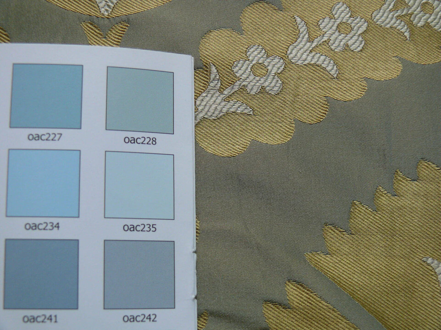 by yard 100%silk Lampas Tulip Fan Damask 536 "pool" Aqua Blue Cream Gold Bty MSRP USD296/y!