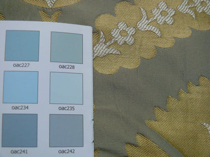 by yard 100%silk Lampas Tulip Fan Damask 536 "pool" Aqua Blue Cream Gold Bty MSRP USD296/y!