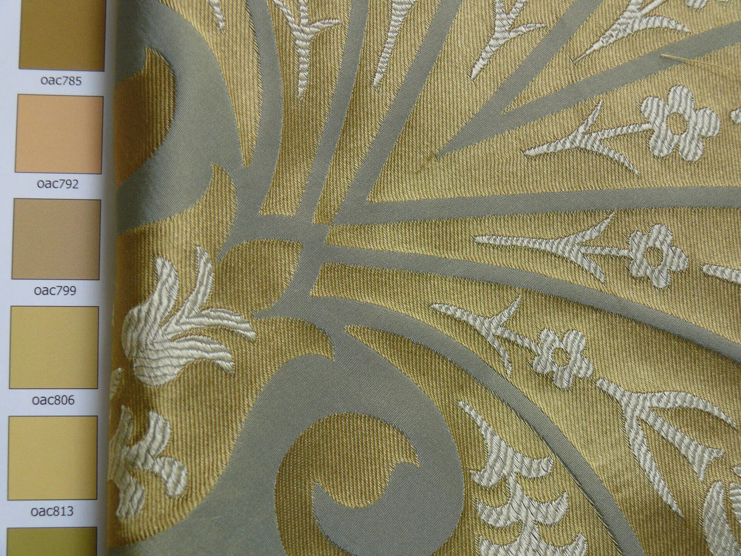 by yard 100%silk Lampas Tulip Fan Damask 536 "pool" Aqua Blue Cream Gold Bty MSRP USD296/y!