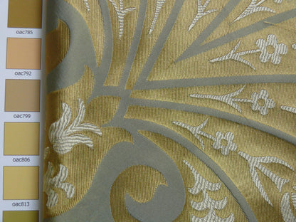 by yard 100%silk Lampas Tulip Fan Damask 536 "pool" Aqua Blue Cream Gold Bty MSRP USD296/y!