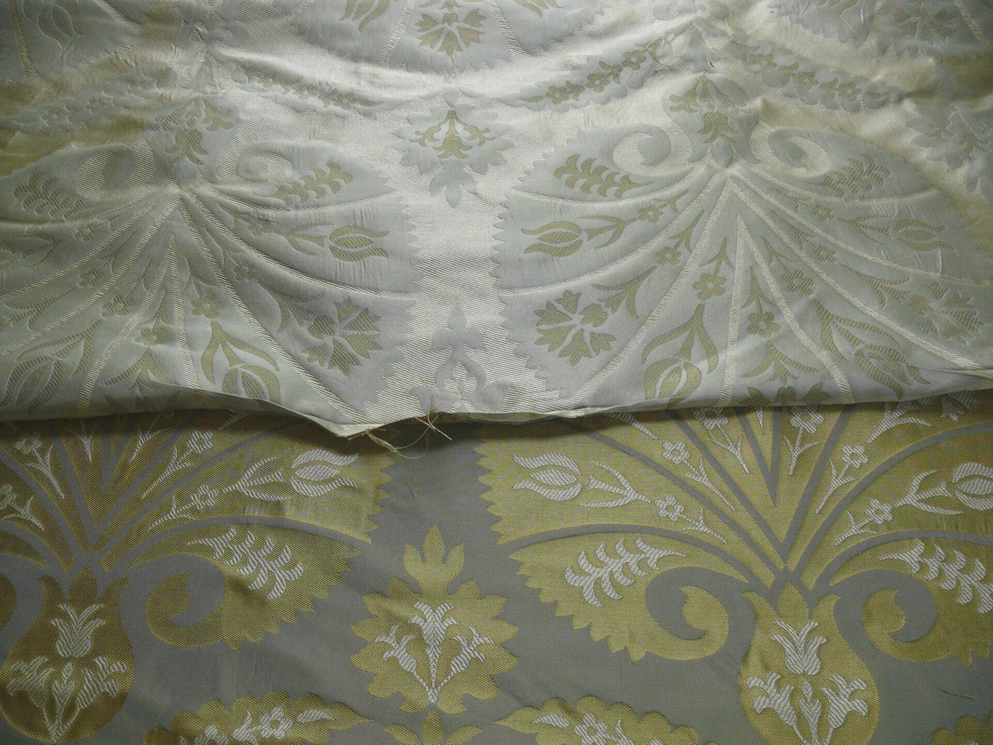 by yard 100%silk Lampas Tulip Fan Damask 536 "pool" Aqua Blue Cream Gold Bty MSRP USD296/y!