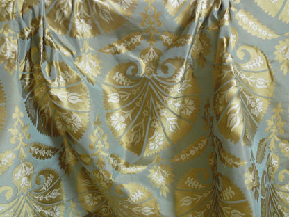 by yard 100%silk Lampas Tulip Fan Damask 536 "pool" Aqua Blue Cream Gold Bty MSRP USD296/y!