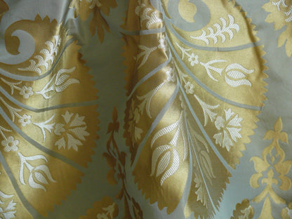 by yard 100%silk Lampas Tulip Fan Damask 536 "pool" Aqua Blue Cream Gold Bty MSRP USD296/y!