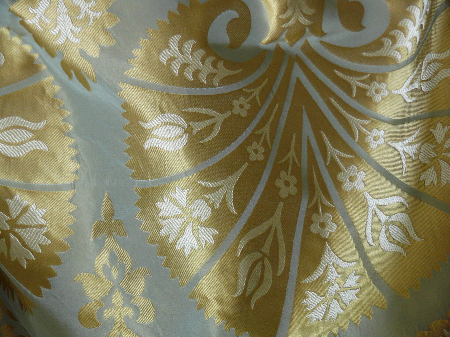 by yard 100%silk Lampas Tulip Fan Damask 536 "pool" Aqua Blue Cream Gold Bty MSRP USD296/y!