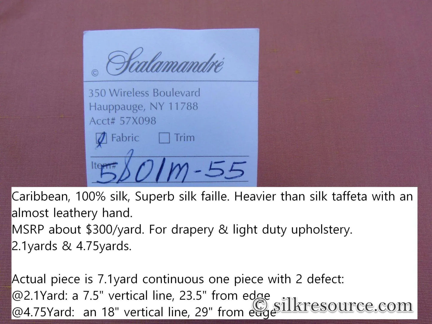 4.75y+2.1y Scalamandre Caribbean 100% Silk Faille Coral Salmon Pink Orange MSRP USD 300+/Yard