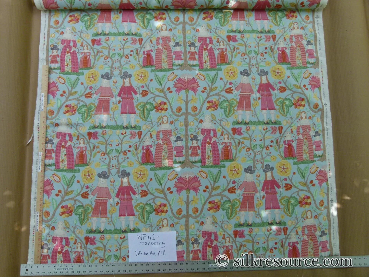 Scalamandre Life On The Hill Linen Print Cranberry Pink On Light Blue MSRP USD 159/yard