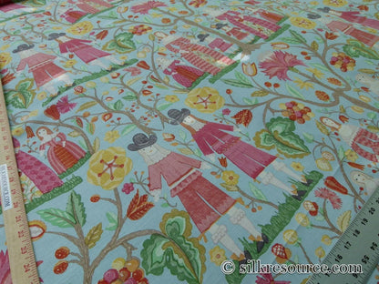 Scalamandre Life On The Hill Linen Print Cranberry Pink On Light Blue MSRP USD 159/yard