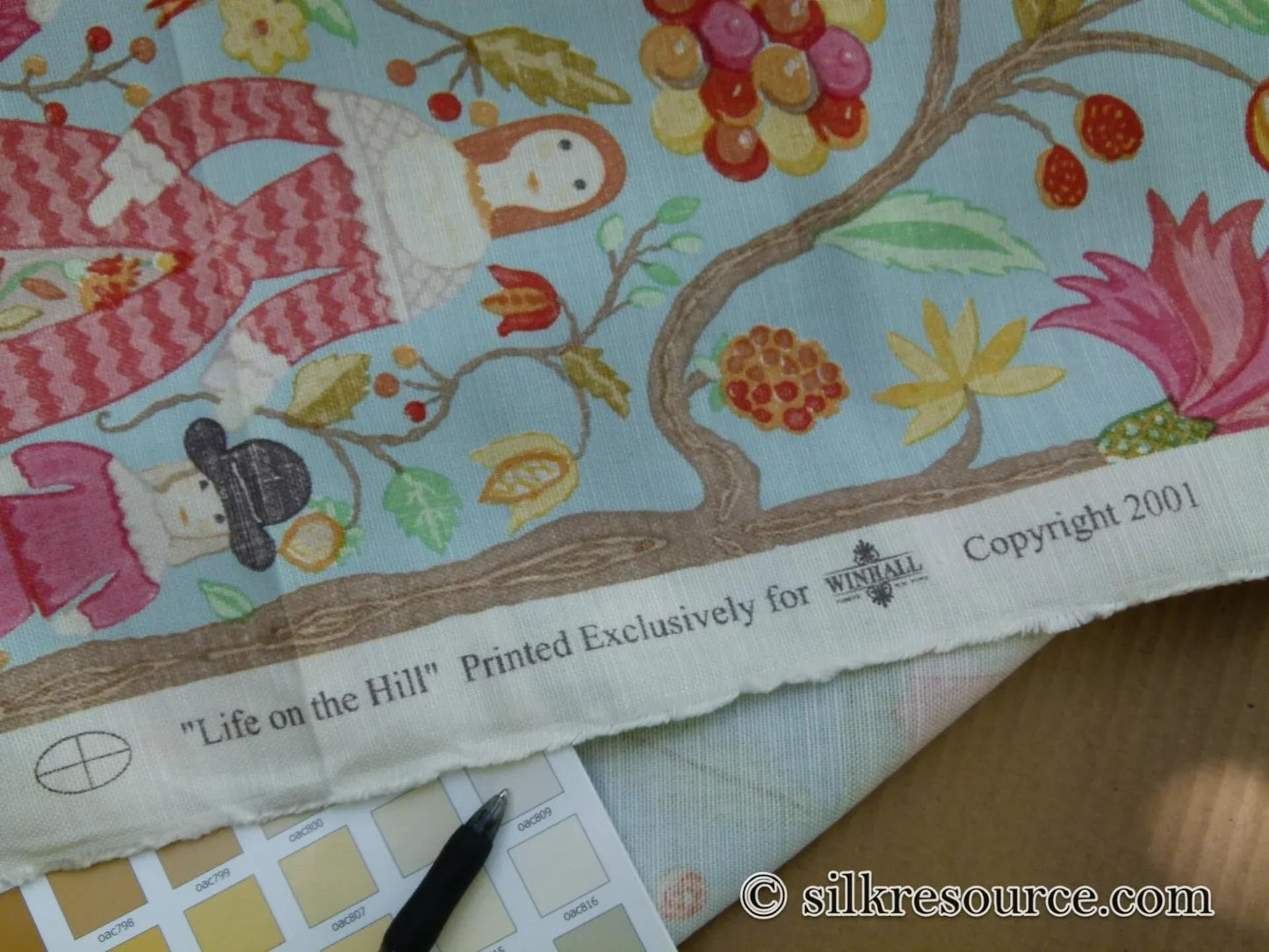 Scalamandre Life On The Hill Linen Print Cranberry Pink On Light Blue MSRP USD 159/yard