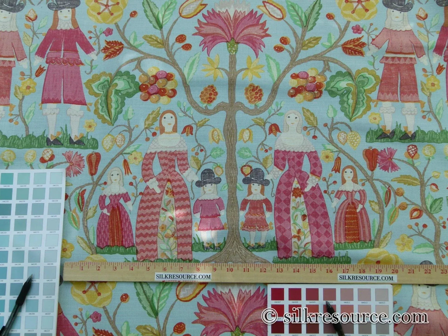 Scalamandre Life On The Hill Linen Print Cranberry Pink On Light Blue MSRP USD 159/yard