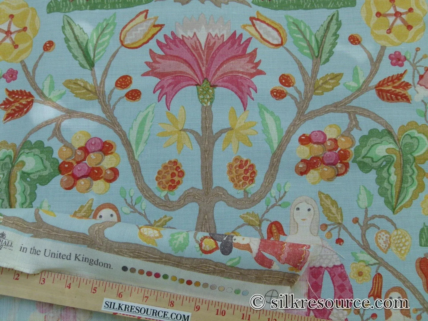 Scalamandre Life On The Hill Linen Print Cranberry Pink On Light Blue MSRP USD 159/yard