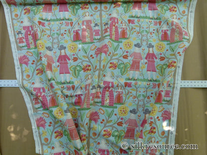 Scalamandre Life On The Hill Linen Print Cranberry Pink On Light Blue MSRP USD 159/yard