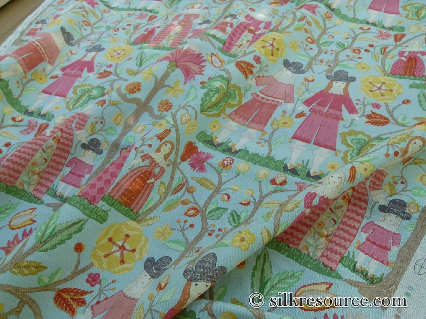 Scalamandre Life On The Hill Linen Print Cranberry Pink On Light Blue MSRP USD 159/yard