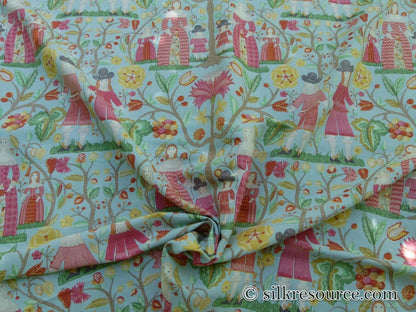 Scalamandre Life On The Hill Linen Print Cranberry Pink On Light Blue MSRP USD 159/yard