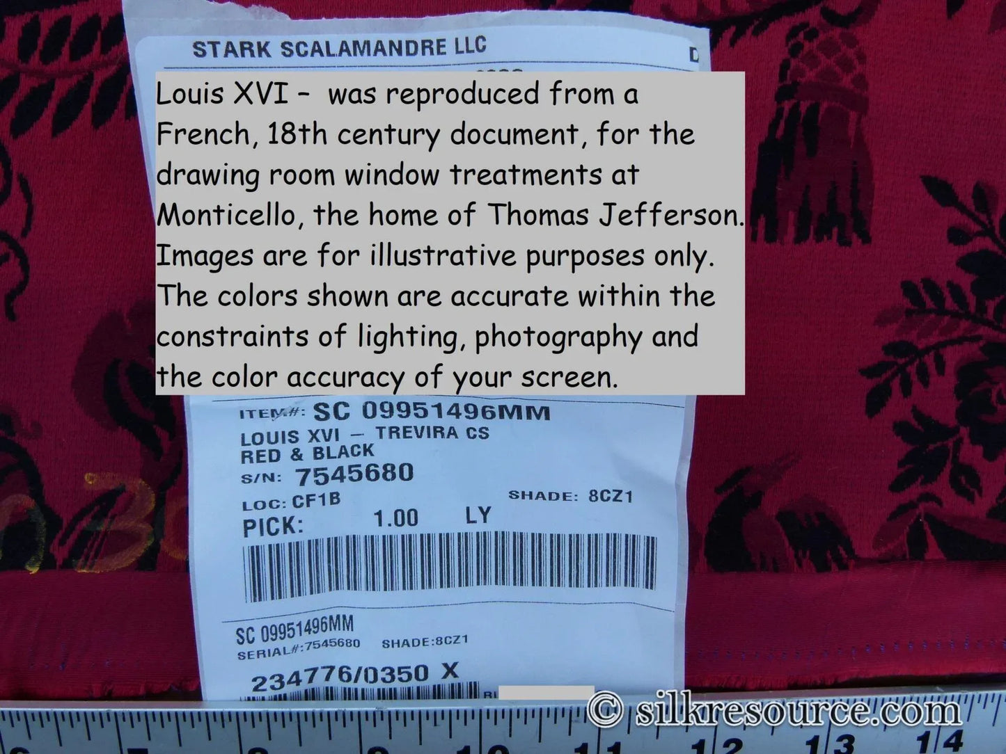 1.1Y Scalamandre Louis XVI - Trevira CS Red and Black Damask Historic Monticello MSRP 575