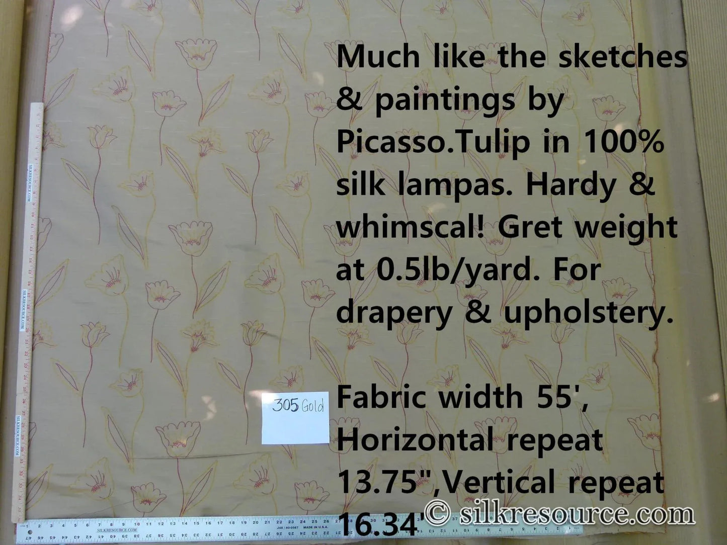 100% Silk Lampas Tulip "Gold" Antique Gold Mod Picasso Modern Abstract Flora Thick MSRP USD 300+/Y