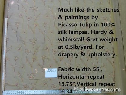 100% Silk Lampas Tulip "Gold" Antique Gold Mod Picasso Modern Abstract Flora Thick MSRP USD 300+/Y