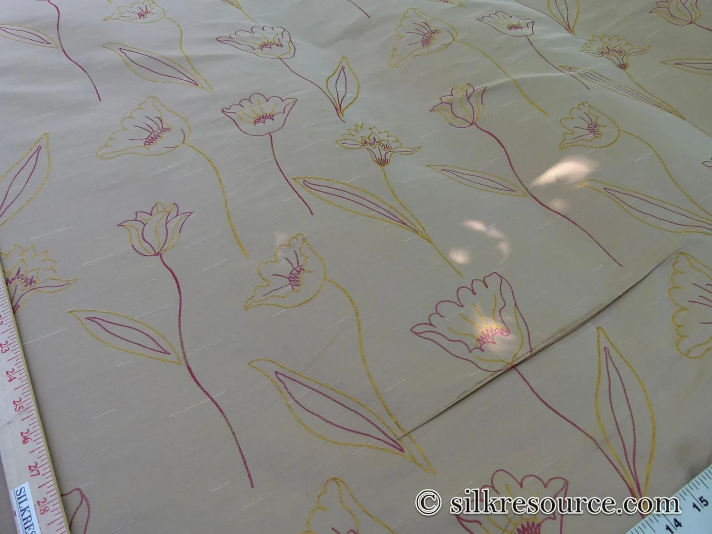 100% Silk Lampas Tulip "Gold" Antique Gold Mod Picasso Modern Abstract Flora Thick MSRP USD 300+/Y