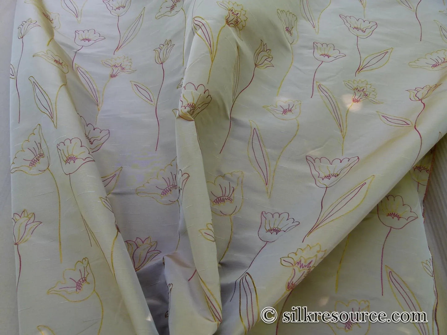 100% Silk Lampas Tulip "Gold" Antique Gold Mod Picasso Modern Abstract Flora Thick MSRP USD 300+/Y