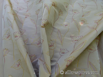 100% Silk Lampas Tulip "Gold" Antique Gold Mod Picasso Modern Abstract Flora Thick MSRP USD 300+/Y