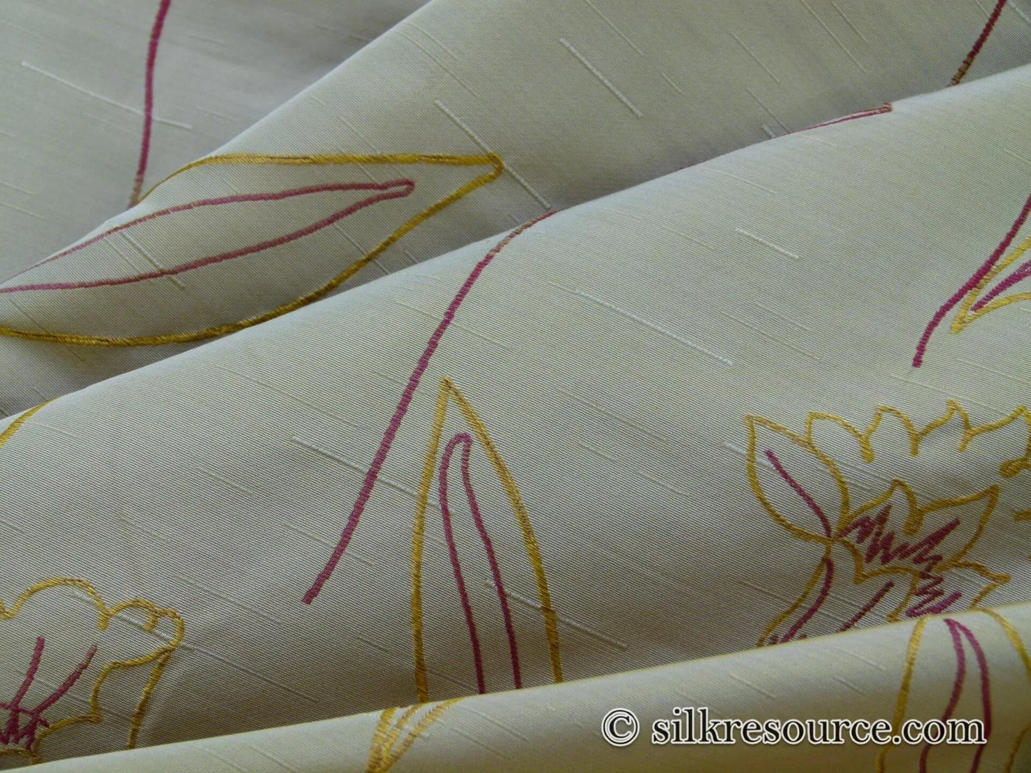 100% Silk Lampas Tulip "Gold" Antique Gold Mod Picasso Modern Abstract Flora Thick MSRP USD 300+/Y