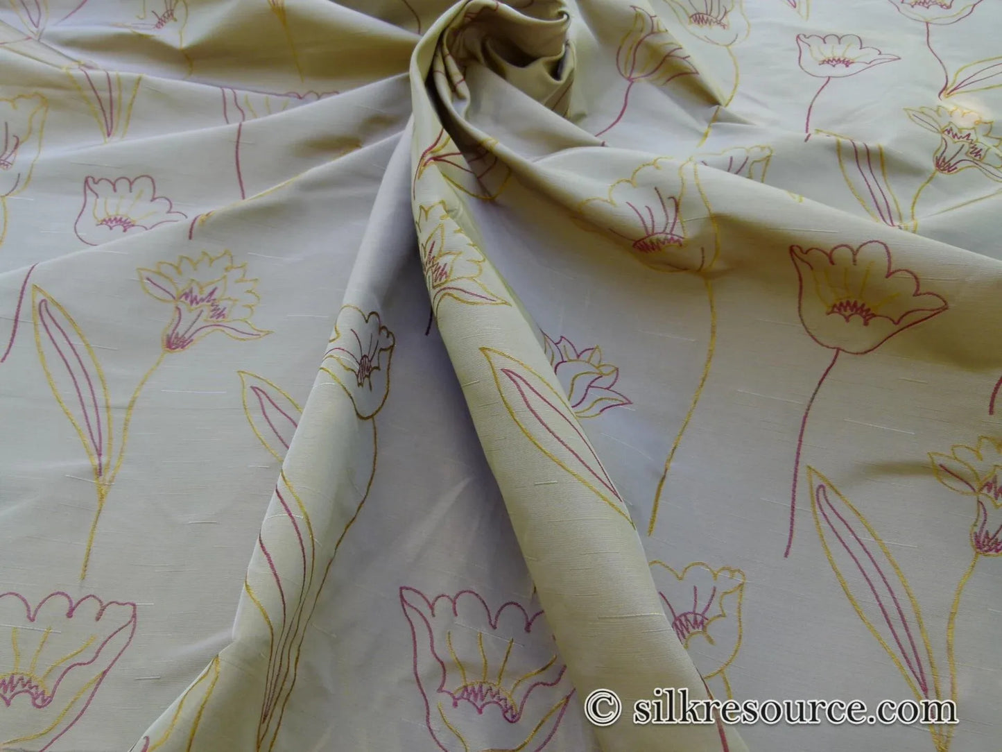 100% Silk Lampas Tulip "Gold" Antique Gold Mod Picasso Modern Abstract Flora Thick MSRP USD 300+/Y