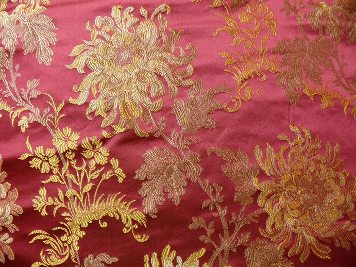 by yard 100% Silk Lampas Realistic Stemmed Chrysanthemums “Paprika” Red