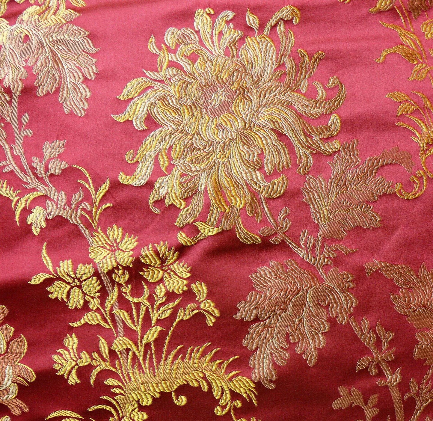 by yard 100% Silk Lampas Realistic Stemmed Chrysanthemums “Paprika” Red