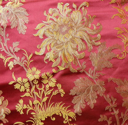 by yard 100% Silk Lampas Realistic Stemmed Chrysanthemums “Paprika” Red