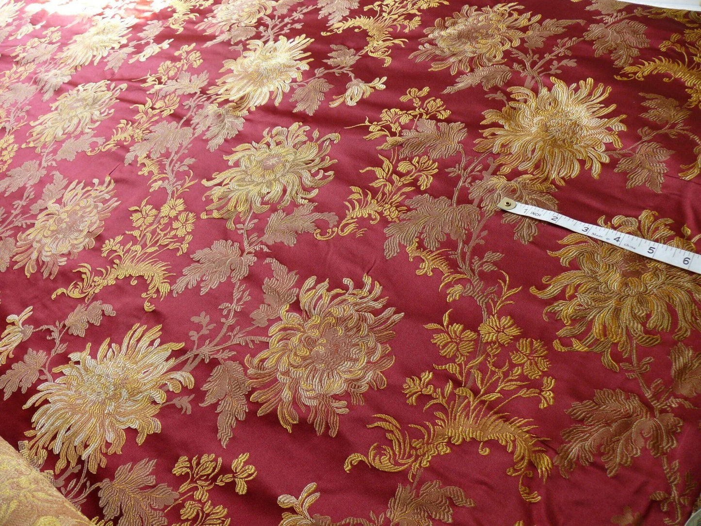 by yard 100% Silk Lampas Realistic Stemmed Chrysanthemums “Paprika” Red