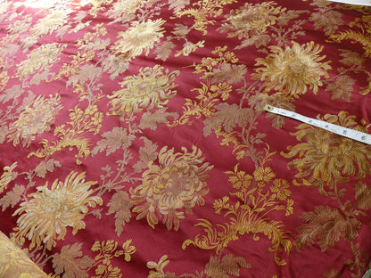 by yard 100% Silk Lampas Realistic Stemmed Chrysanthemums “Paprika” Red