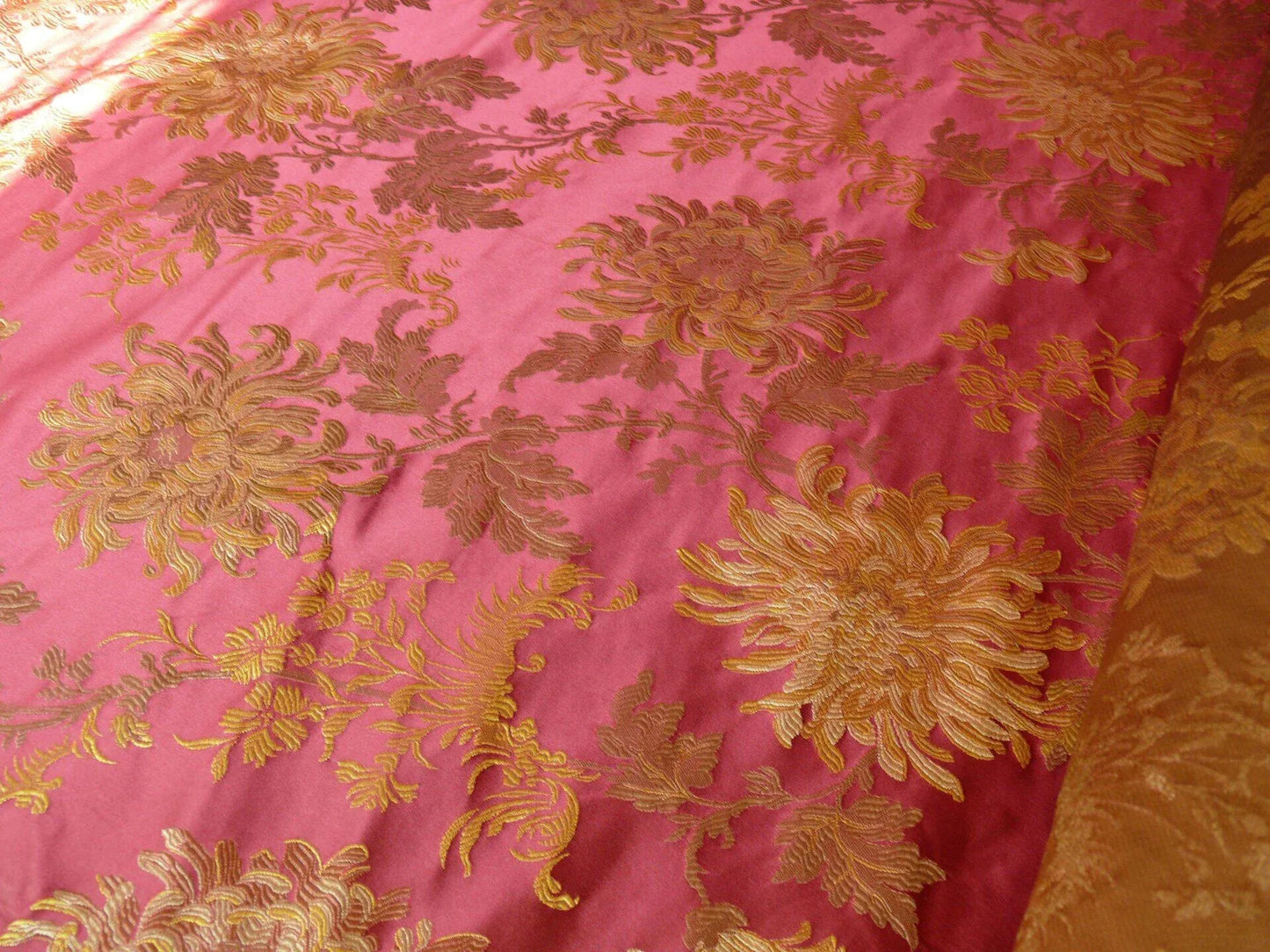 by yard 100% Silk Lampas Realistic Stemmed Chrysanthemums “Paprika” Red