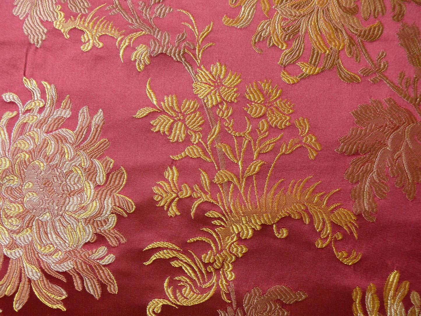 by yard 100% Silk Lampas Realistic Stemmed Chrysanthemums “Paprika” Red