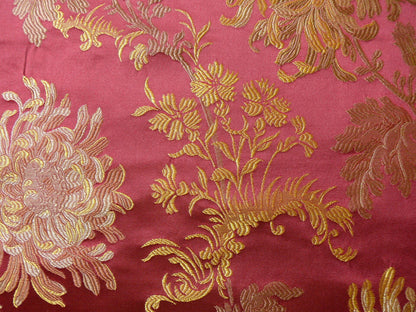 by yard 100% Silk Lampas Realistic Stemmed Chrysanthemums “Paprika” Red