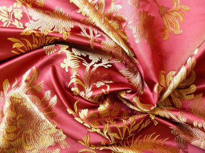 by yard 100% Silk Lampas Realistic Stemmed Chrysanthemums “Paprika” Red