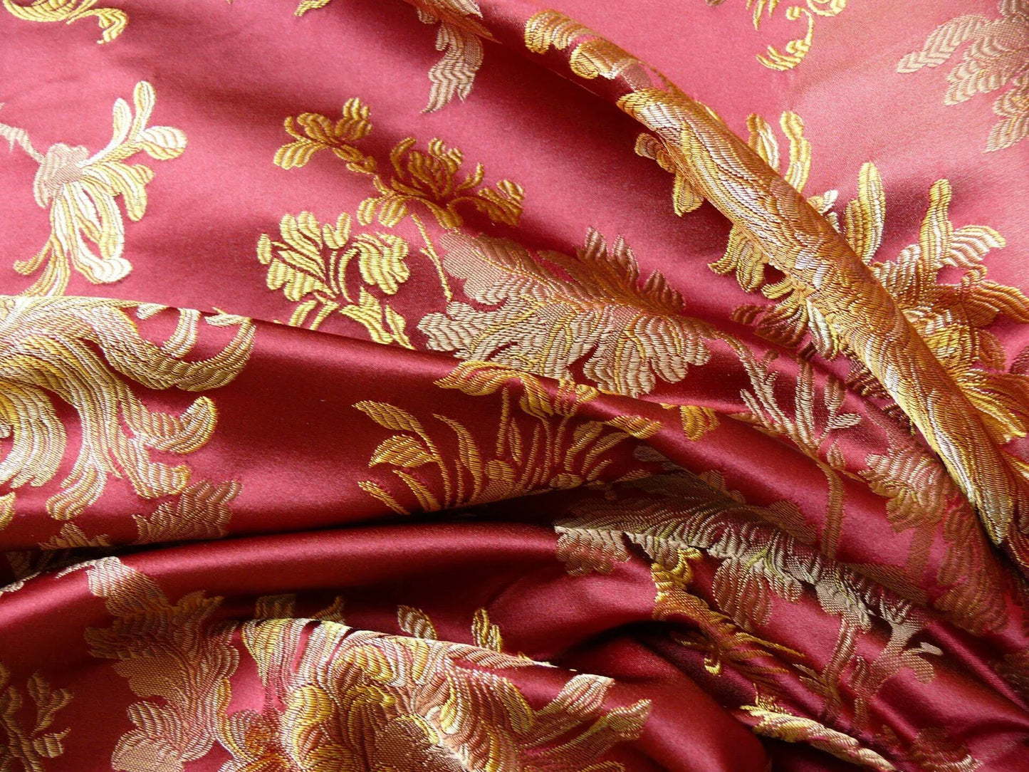 by yard 100% Silk Lampas Realistic Stemmed Chrysanthemums “Paprika” Red